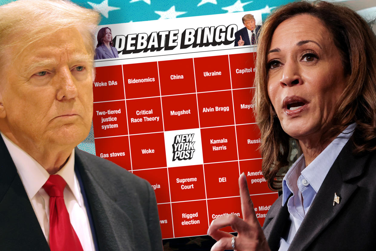 Donald Trump and Kamala Harris with a bingo card