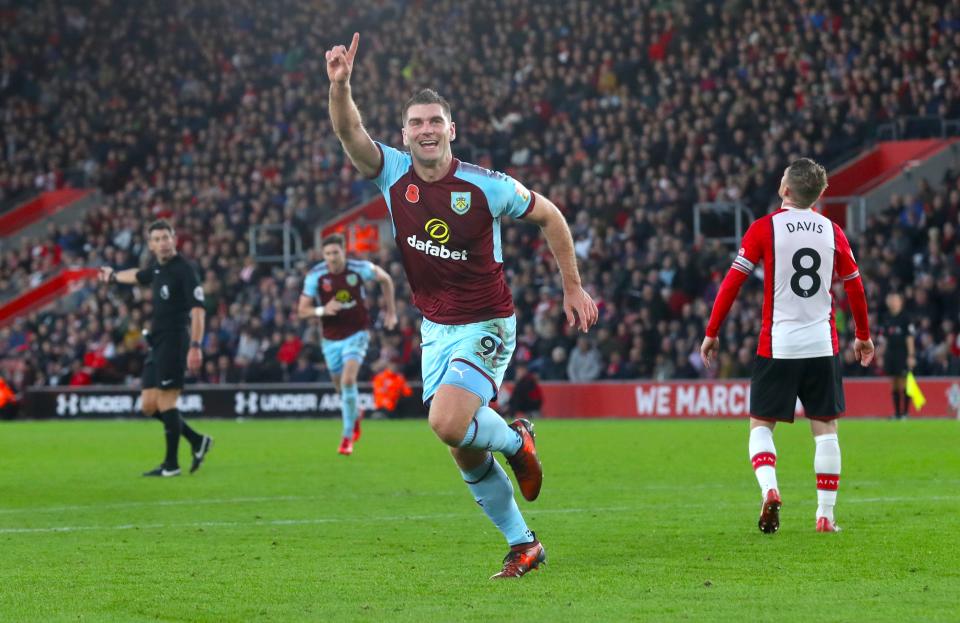 Burnley’s Sam Vokes celebrates scoring his side’s second goal of the game