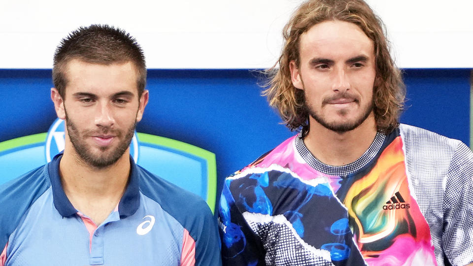 Borna Coric and Stefanos Tsitsipas, pictured here with their trophies after the Cincinnati Masters final. 