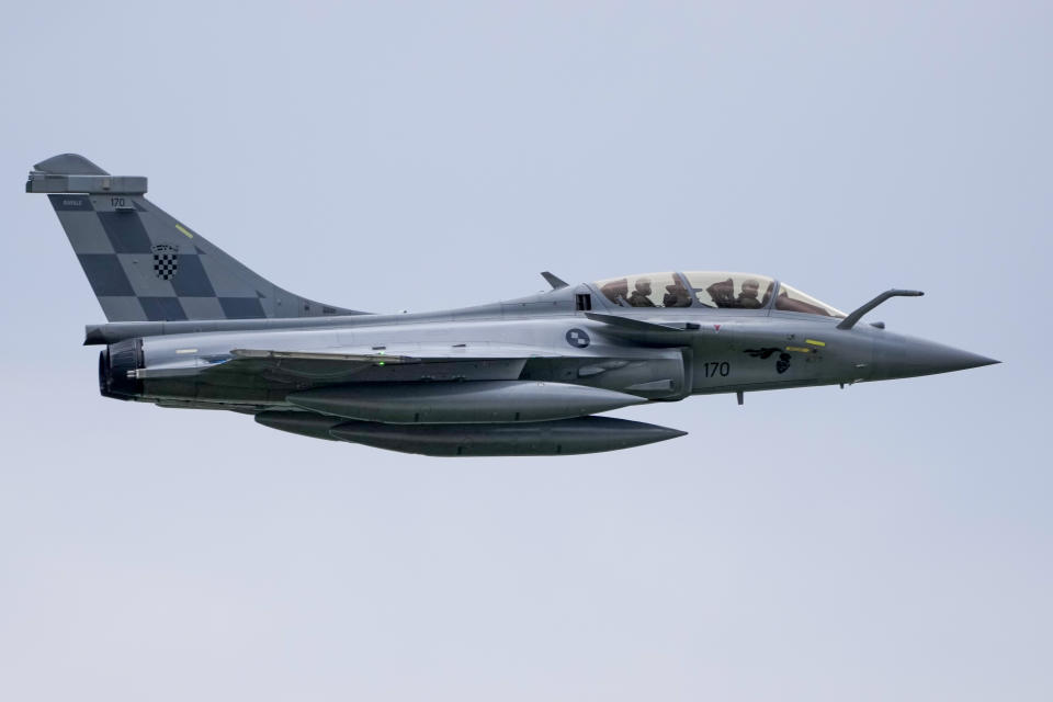 A French made Rafale fighter jet lands at the international airport in Zagreb, Croatia, Thursday, April 25, 2024. Croatia purchased 12 used fighter jets of the same type for about 1 billion euros. (AP Photo/Darko Bandic)