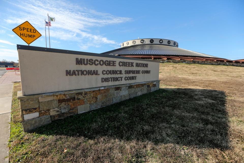 The Muscogee Nation courthouse is pictured Thursday as plaintiffs and supporters attend a preliminary hearing regarding whether the Muscogee Nation is violating the terms of an 1866 treaty by not recognizing descendants of Freedmen as citizens.