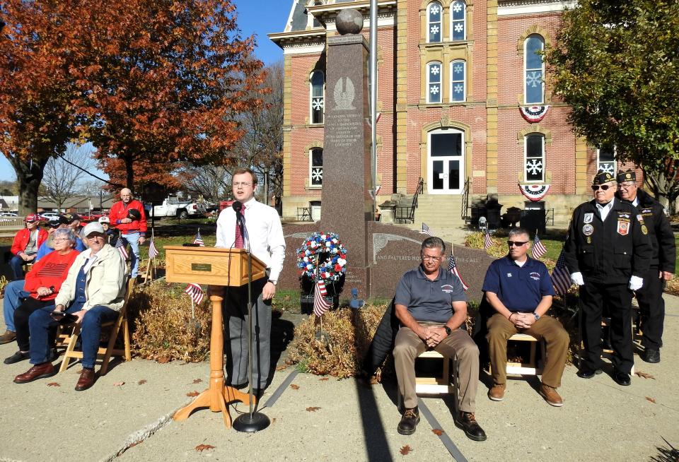 Sam Scott sings the Armed Forces Medley during the annual Veterans Day ceremony held on the Coshocton Court Square.