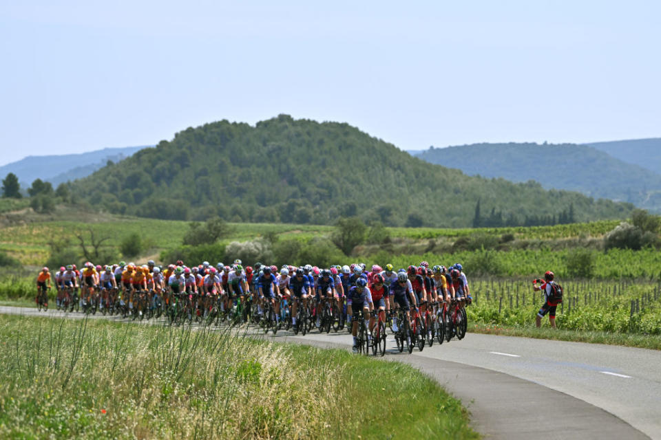 GRUISSAN FRANCE  JUNE 15 A general view of the peloton competing during the 47th La Route DOccitanieLa Depeche Du Midi 2023 Stage 1 a 1843km stage from Narbonne to Gruissan on June 15 2023 in Gruissan France Photo by Luc ClaessenGetty Images