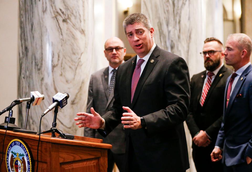 Missouri State Senator Bill Eigel speaks at a press conference at the Missouri State Capitol Building on Thursday, Jan. 4, 2024.