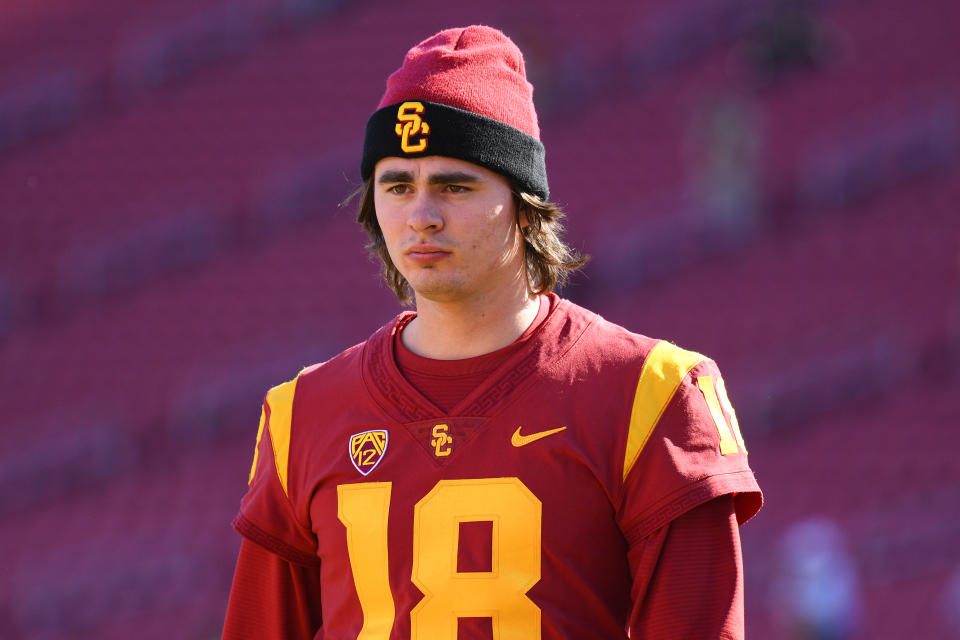 LOS ANGELES, CA - NOVEMBER 23: USC Trojans quarterback JT Daniels (18) looks on before a college football game between the UCLA Bruins and the USC Trojans on November 23, 2019, at Los Angeles Memorial Coliseum in Los Angeles, CA. (Photo by Brian Rothmuller/Icon Sportswire via Getty Images)