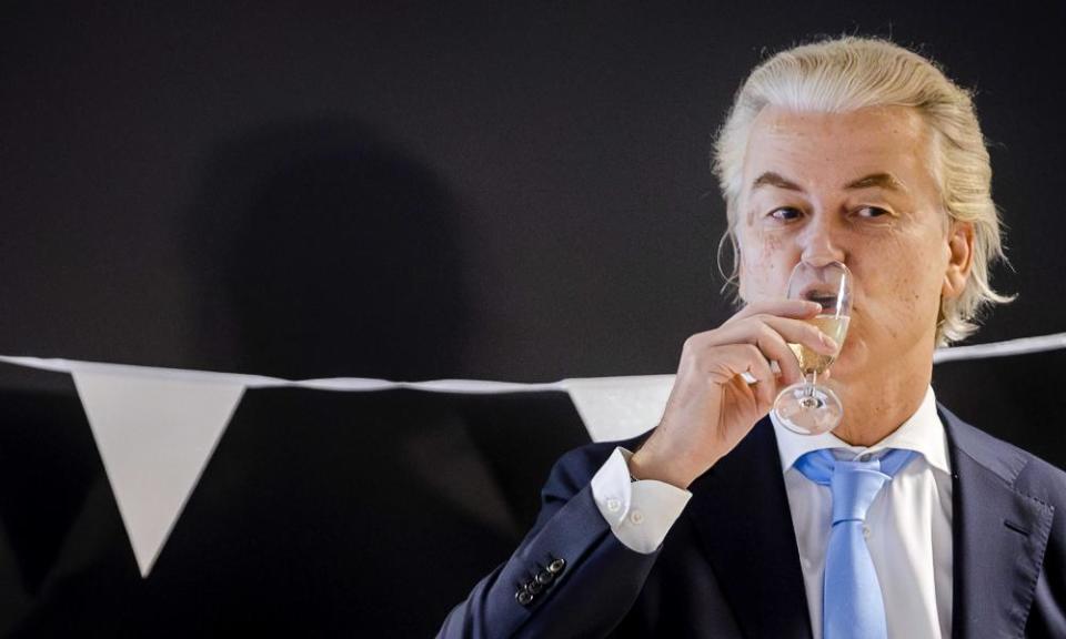 Geert Wilders drinks champagne at a post-election meeting