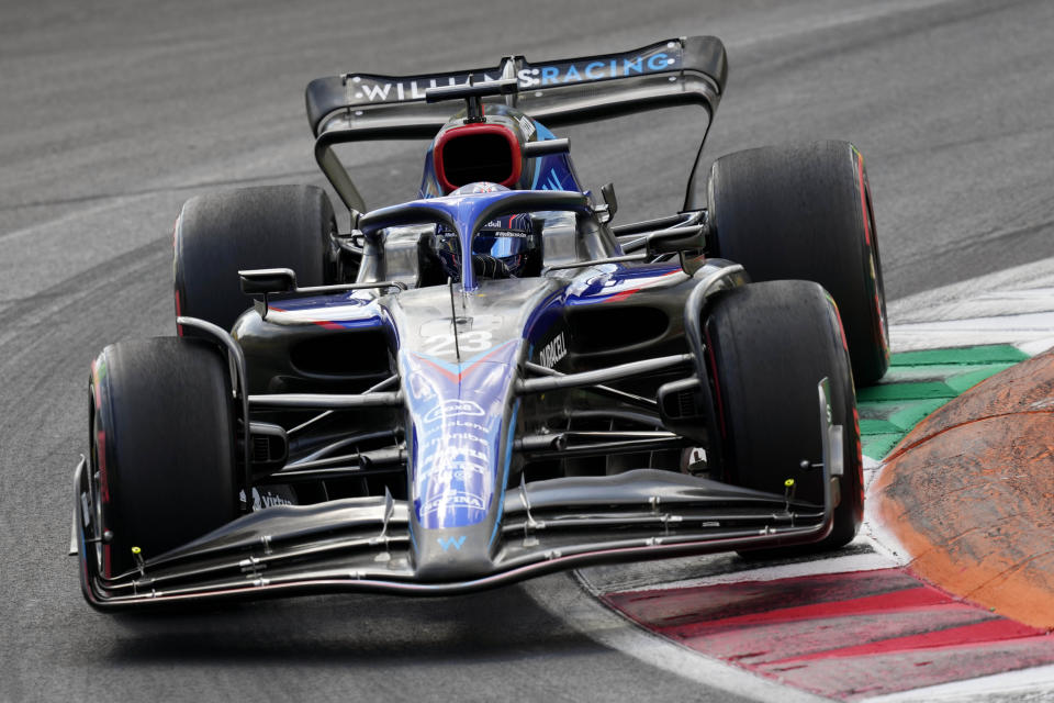 Williams driver Alexander Albon of Thailand steers his car during the first free practice at the Monza racetrack, in Monza, Italy, Friday, Sept. 9, 2022. The Formula one race will be held on Sunday. (AP Photo/Antonio Calanni)