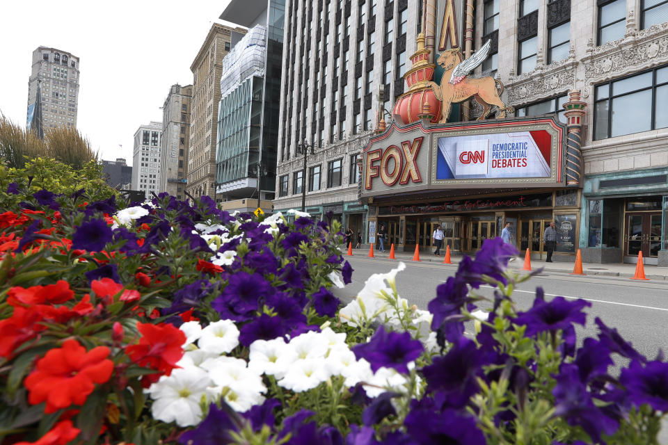 The Fox Theatre displays signs for the Democratic presidential debates in Detroit, Monday, July 29, 2019. The second scheduled debate will be hosted by CNN on July 30 and 31. (AP Photo/Paul Sancya)