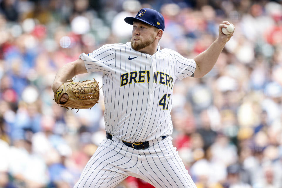 Milwaukee Brewers starting pitcher Jared Koenig throws to the Cincinnati Reds during the first inning of a baseball game Saturday, June 15, 2024, in Milwaukee. (AP Photo/Jeffrey Phelps)