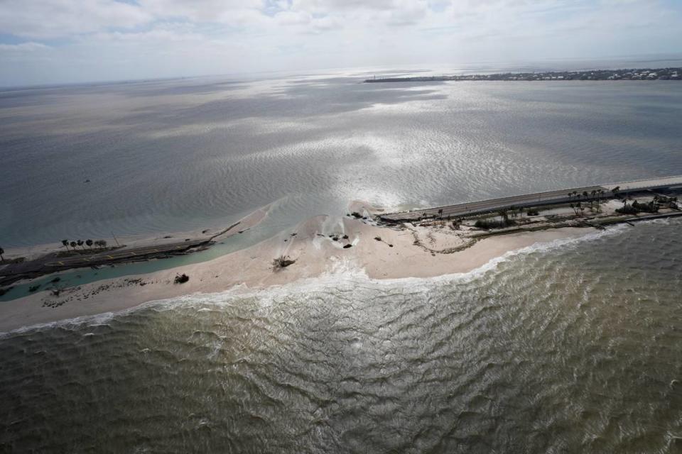 A damaged causeway to Sanibel Island is seen in the aftermath of Hurricane Ian , Thursday, Sept. 29, 2022, near Sanibel Island, Fla. 