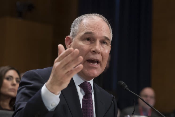 Scott Pruitt, president-elect Donald Trump’s nominee to run the Environmental Protection Agency, testifies at his confirmation hearing before the Senate Environment and Public Works Committee on Capitol Hill in Washington, Wednesday, Jan. 18, 2017. (Photo: J. Scott Applewhite/AP)