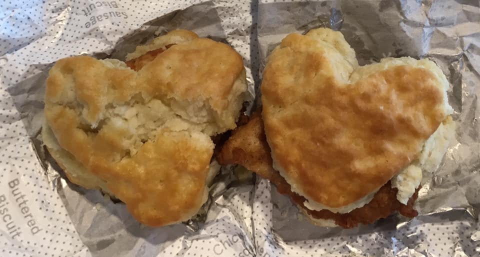 To celebrate Valentine’s Day, participating Chick-fil-A restaurants offer heart-shaped biscuits.