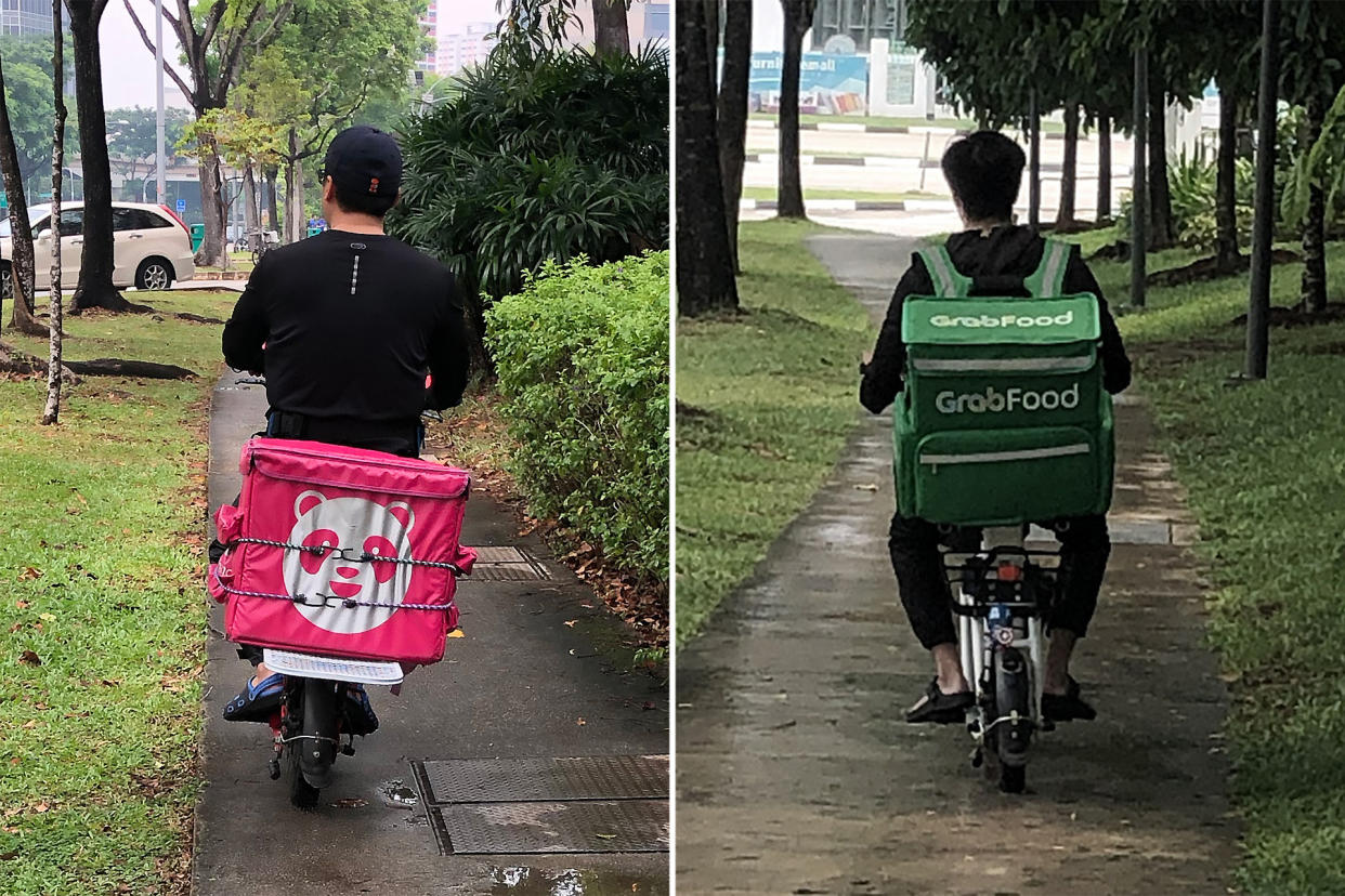 Delivery riders from Foodpanda (left) and GrabFood spotted travelling along footpaths while riding e-scooters along Jurong East Street 21 on Tuesday (5 November). (PHOTOS: Dhany Osman / Yahoo News Singapore)