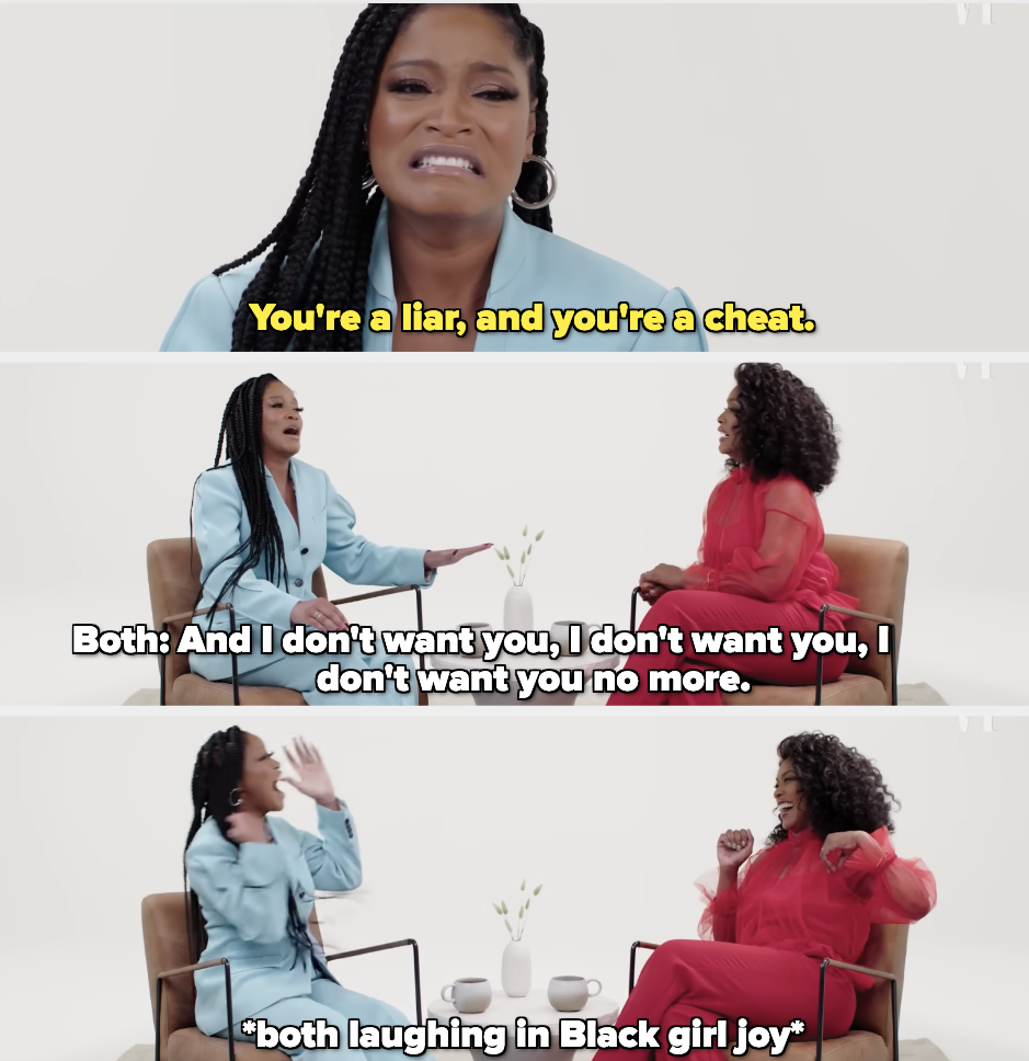 Keke Palmer and Angela Bassett doing impersonation of Angela Bassett in The Jacksons: An American Dream, both laughing