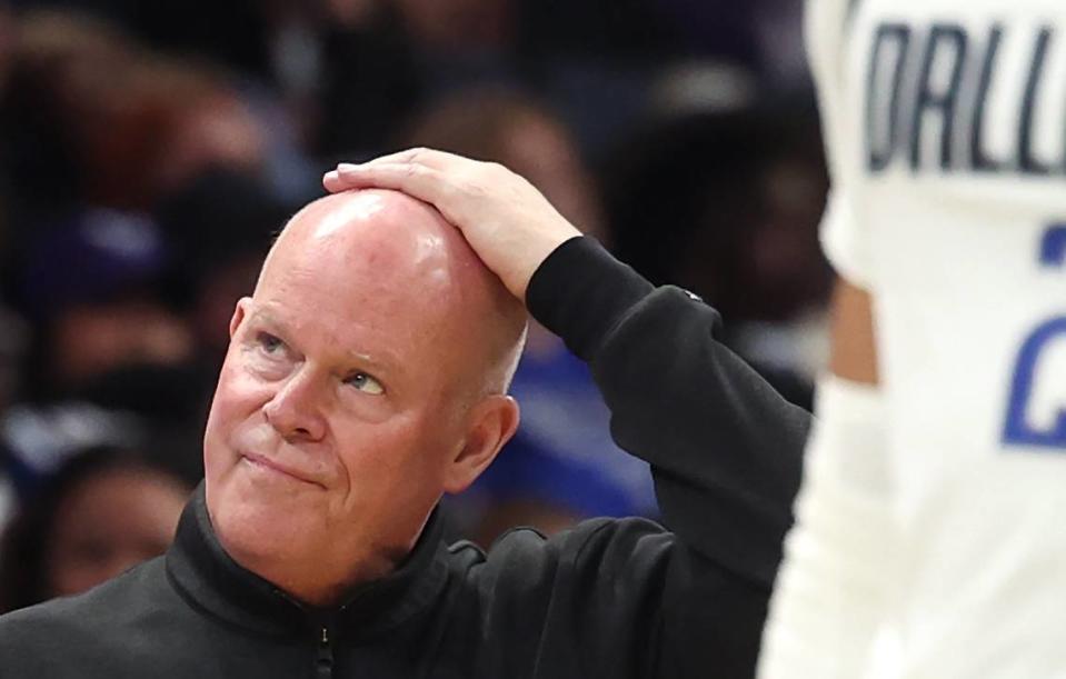 Charlotte Hornets head coach Steve Clifford looks to the scoreboard during second-half action against the Dallas Mavericks on Tuesday, April 9, 2024 at Spectrum Center in Charlotte, NC. The Mavericks defeated the Hornets 130-104.