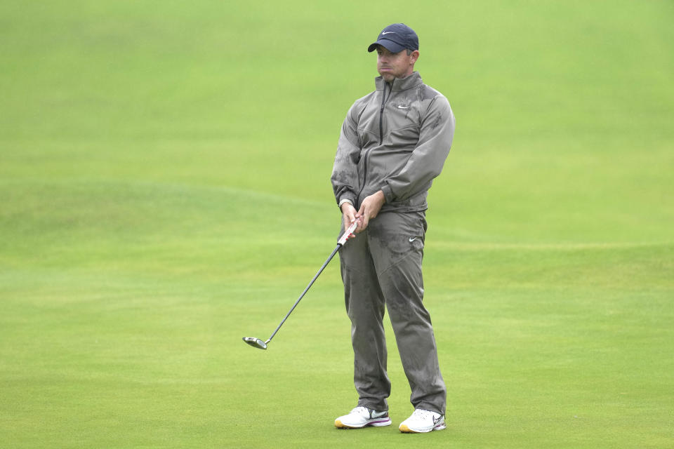Northern Ireland's Rory McIlroy reacts after putting on the 18th green during the final day of the British Open Golf Championships at the Royal Liverpool Golf Club in Hoylake, England, Sunday, July 23, 2023. (AP Photo/Kin Cheung)