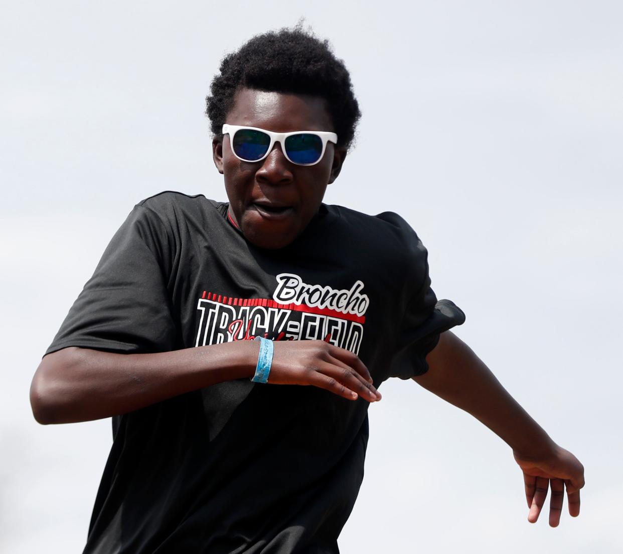 Lafayette Jeff Davonte Stanton competes in the long jump during the IHSAA unified track and field meet, Saturday, April 27, 2024, at Lafayette Jeff High Shchool in Lafayette, Ind.