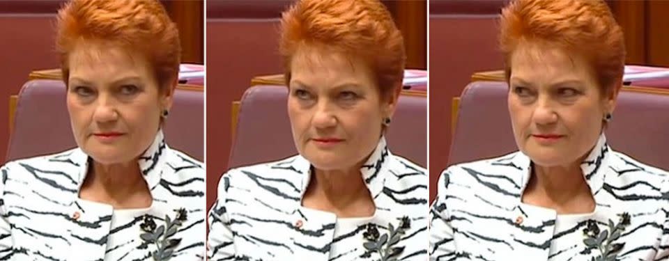 PICTURED: The eye roll Pauline Hanson delivered during her new senator's speech. Photo: Australian Parliament.