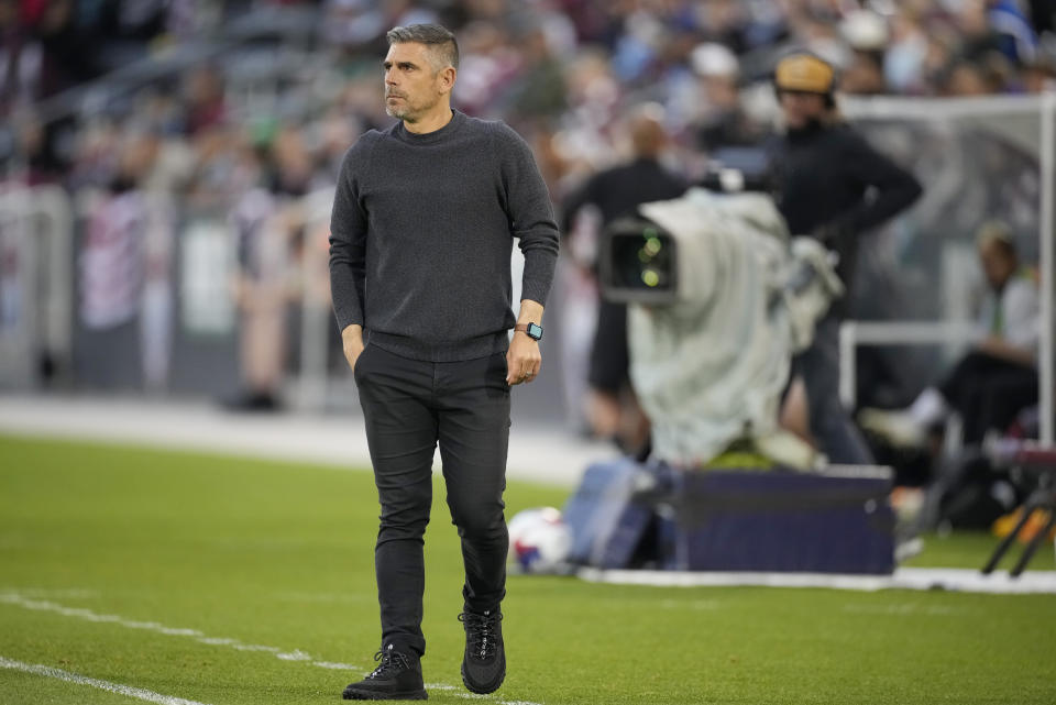 San Jose Earthquakes coach Luchi Gonzalez watches during the first half of the team's MLS soccer match against the Colorado Rapids on Saturday, June 3, 2023, in Commerce City, Colo. (AP Photo/David Zalubowski)