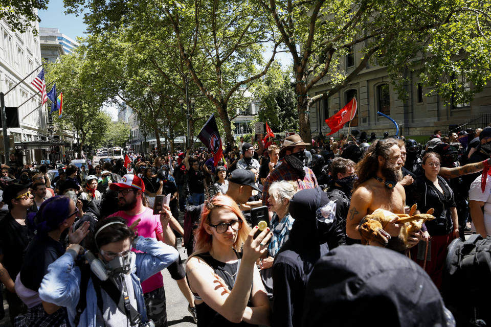 Counter protesters march ahead of Proud Boys demonstration in Portland, Oregon, last month. (Photo: Moriah Ratner via Getty Images)