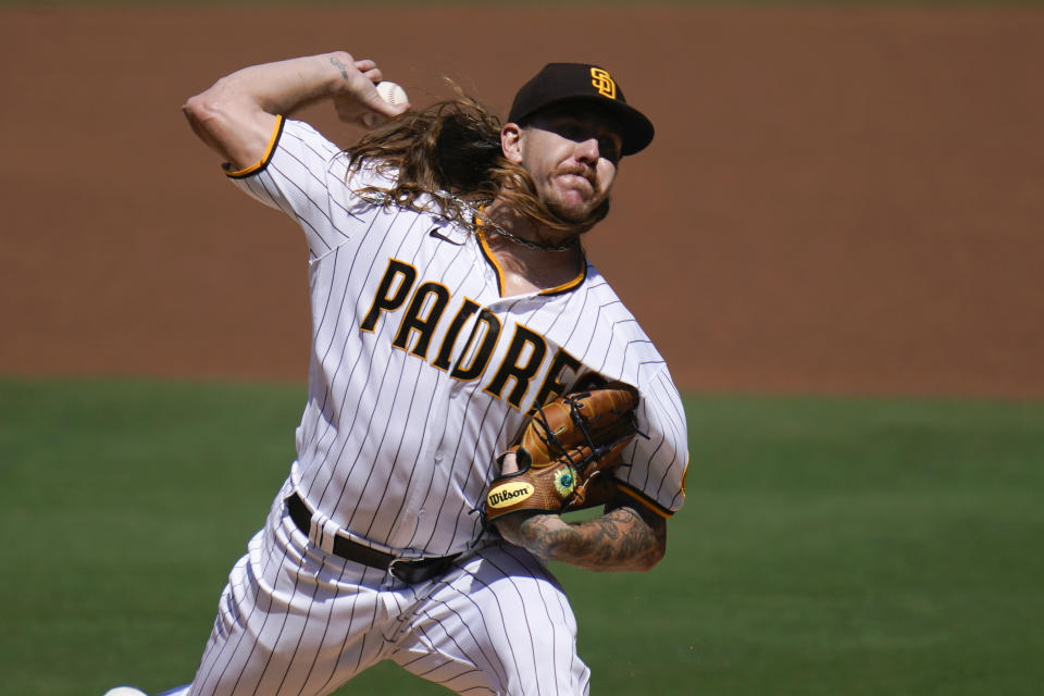 San Diego Padres starting pitcher Mike Clevinger works against a Los Angeles Angels batter during the first inning of a baseball game Wednesday, Sept. 23, 2020, in San Diego. (AP Photo/Gregory Bull)