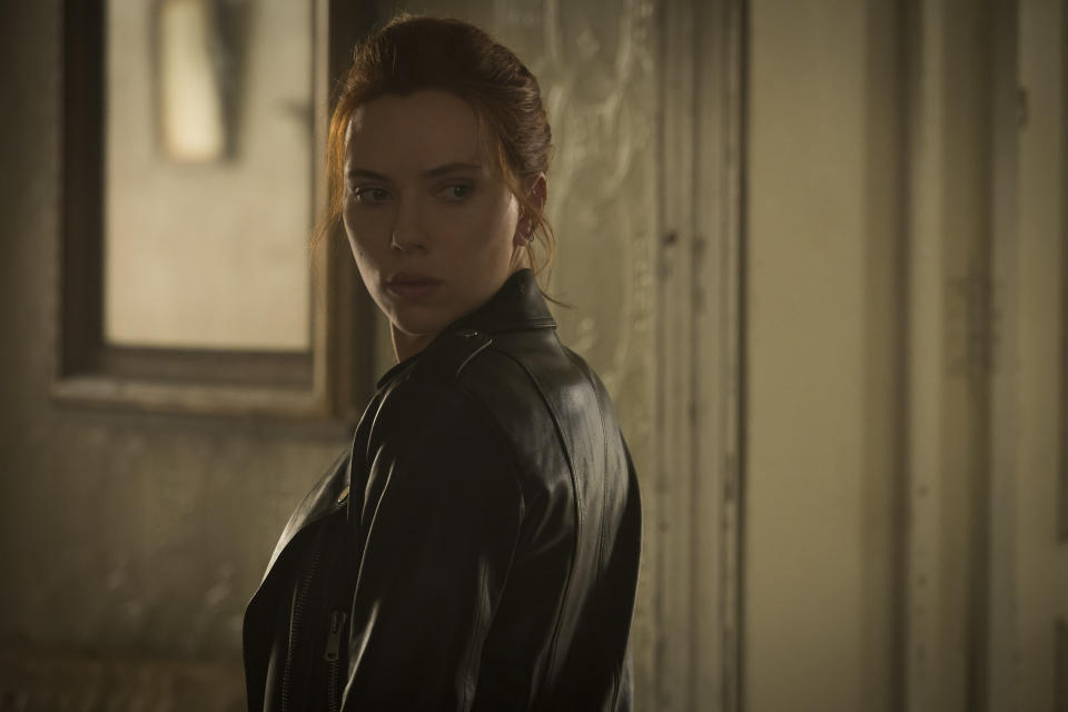 This image released by Marvel Studios shows Scarlett Johansson in a scene from "Black Widow." (Jay Maidment/Marvel Studios-Disney via AP)