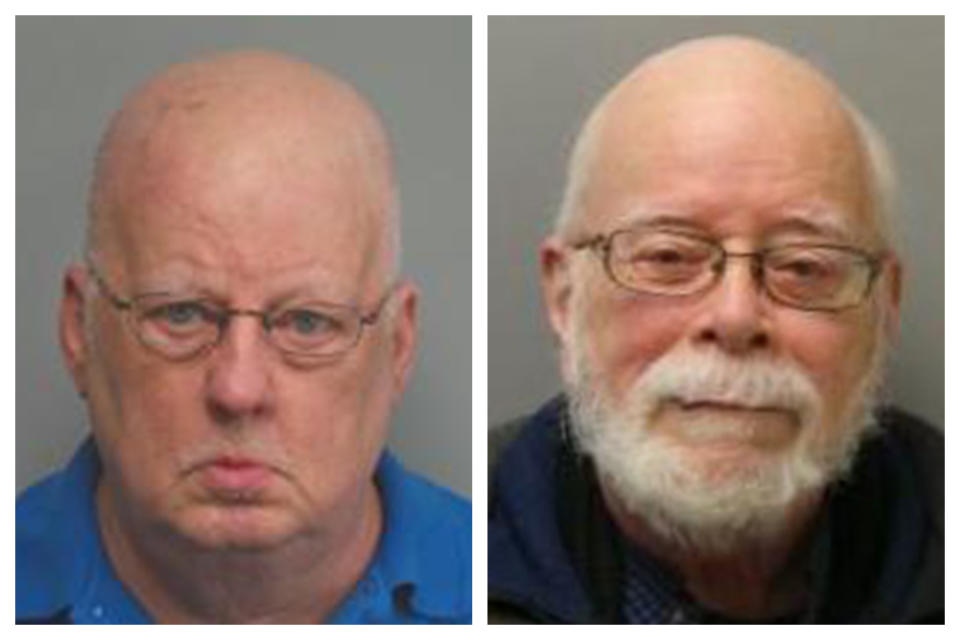 This combination of 2019 and 2017 photos made available by the Missouri State Highway Patrol shows James Alan Funke, left, and Jerome Bernard Robben. Three decades earlier, Funke, a Catholic priest; and Robben, a fellow teacher at a St. Louis Catholic high school, went to prison for sexually abusing male students together. Funke, released in 1995, was eventually bounced from the priesthood. But years later, the two men joined together again, promoting Robben as the leader of a church of his own making. (Missouri State Highway Patrol via AP)