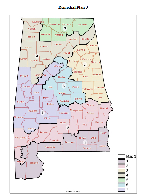 A map of Alabama divided into congressional districts.