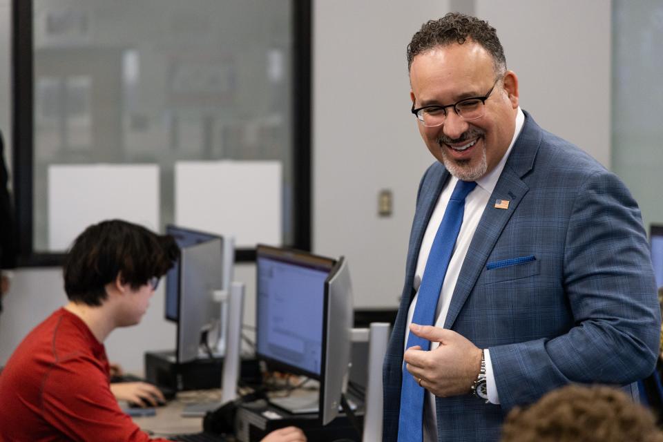 U.S. Secretary of Education Miguel Cardona talks to students Thursday during his visit to the Francis Tuttle Technology Center Rockwell Campus.