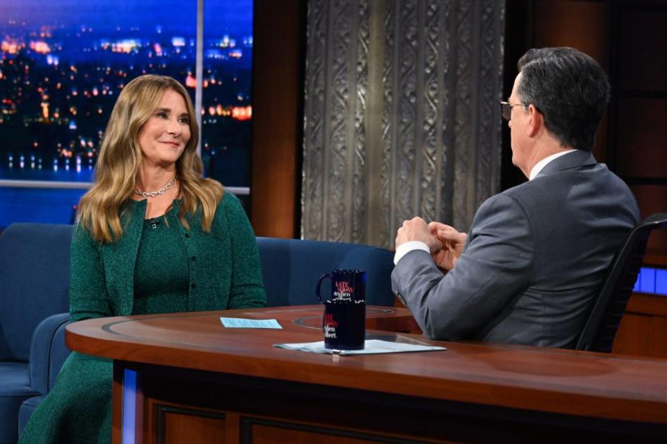 Melinda French Gates is seen on the Late Show with Stephen Colbert, where she endorsed Kamala Harris.