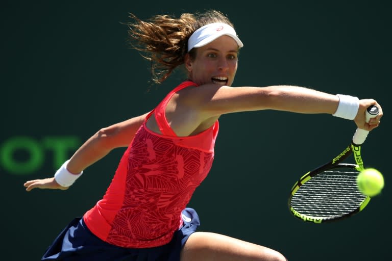 Johanna Konta of Britain, seen in action against Simona Halep of Romania during their Miami Open quarter-final match, on March 29, 2017