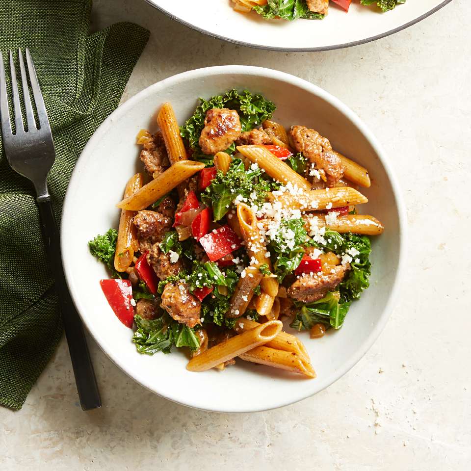 <p>This entire healthy pasta recipe cooks in one skillet, so there's only one pot to clean! Try it with any greens you have in the fridge, such as chard or spinach.</p>