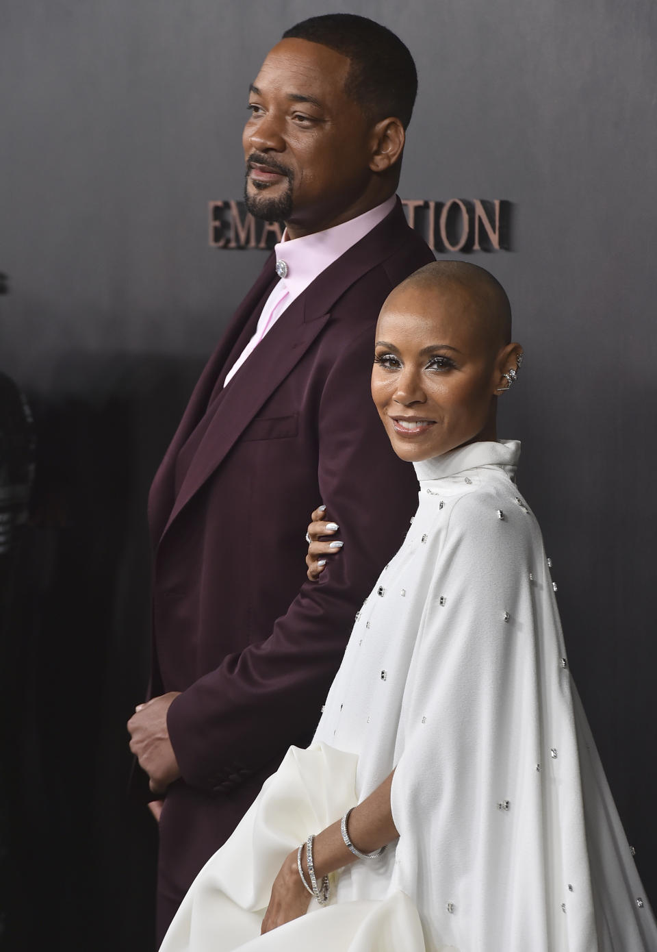 Will Smith, left, and Jada Pinkett Smith arrive at the premiere of "Emancipation" on Wednesday, Nov. 30, 2022, at the Regency Village Theatre in Los Angeles. (Photo by Jordan Strauss/Invision/AP)