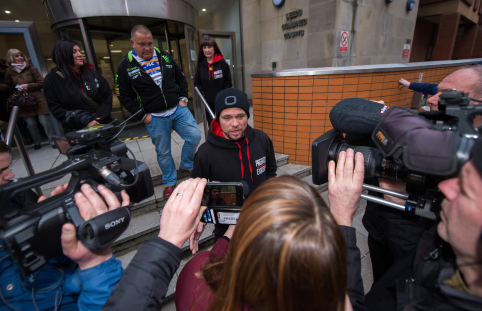 A member of paedophile-hunting group Predator Exposure who identified himself as Phil (no surname given) speaks outside Leeds Crown Court after the sentencing of TV producer Kieran Creaven, who has been jailed for 18 months.