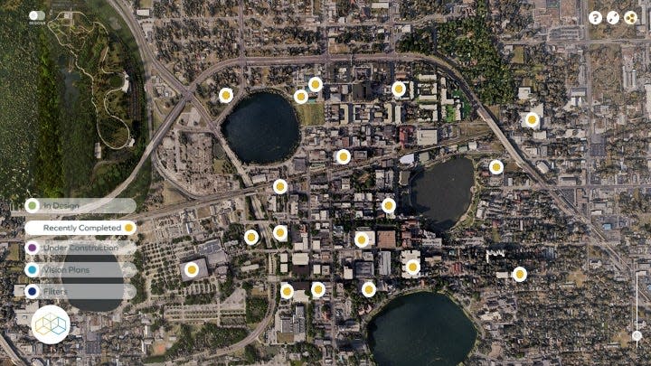 This image shows an aerial view in the new Catalyst Plans. Each dot on the map notes a site of a recently completed development that users will be able to click on for more photos and information.