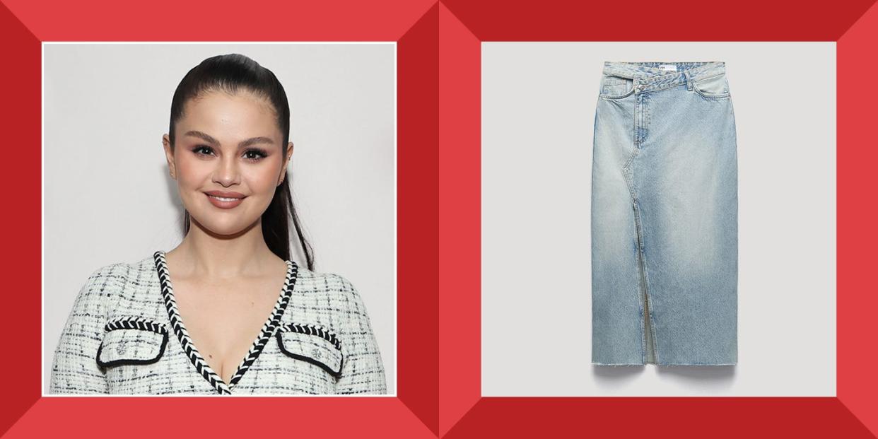 selena gomez, denim skirt