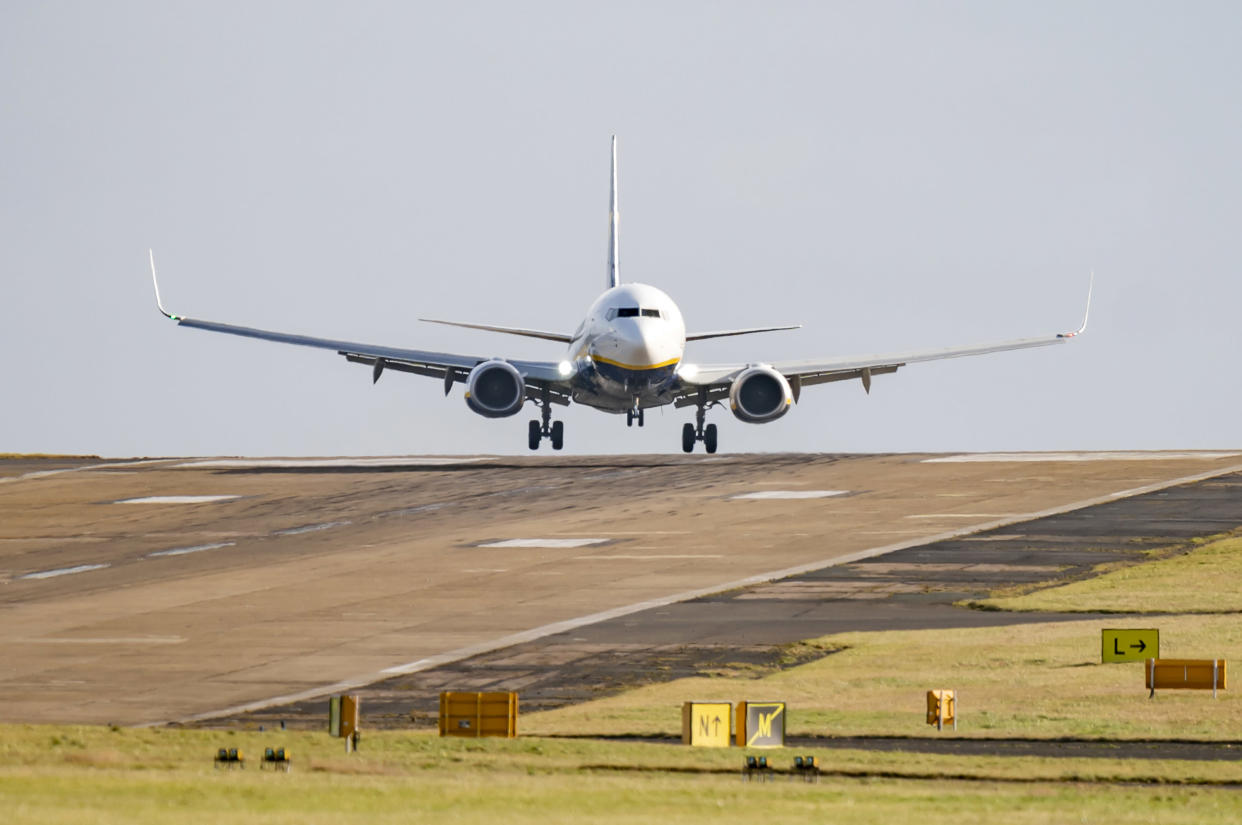 airlines A plane lands at Leeds Bradford Airport in high winds as a result of storm Otto. The storm, the first to be named this winter, has been labelled Otto by the Danish Meteorological Institute (DMI) and is expected to bring disruption to travellers across northern areas of the UK. Picture date: Friday February 17, 2023. (Photo by Danny Lawson/PA Images via Getty Images)