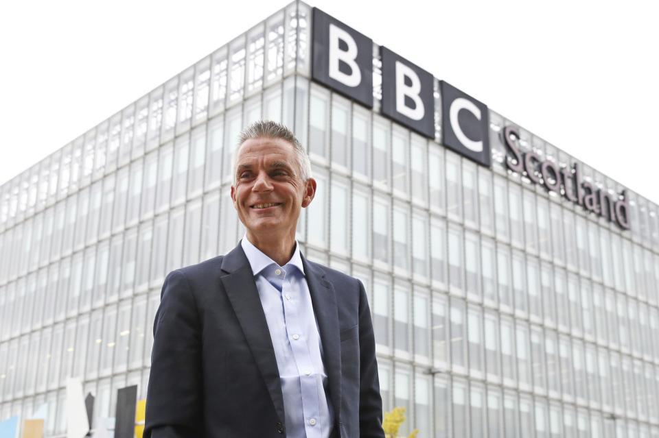 Tim Davie, new Director General of the BBC, arrives at BBC Scotland in Glasgow, Tuesday Sept. 1, 2020, for his first day in the role. (Andrew Milligan/PA via AP)