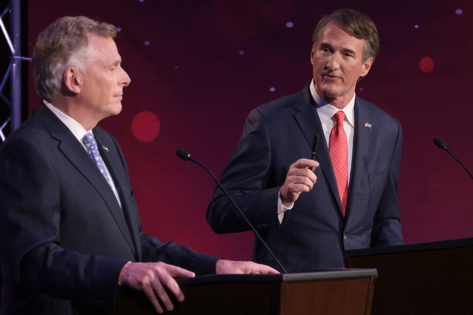 Youngkin, right, debates former Virginia Gov. Terry McAuliffe in Alexandria, Va., in September<span class="copyright">Win McNamee—Getty Images</span>