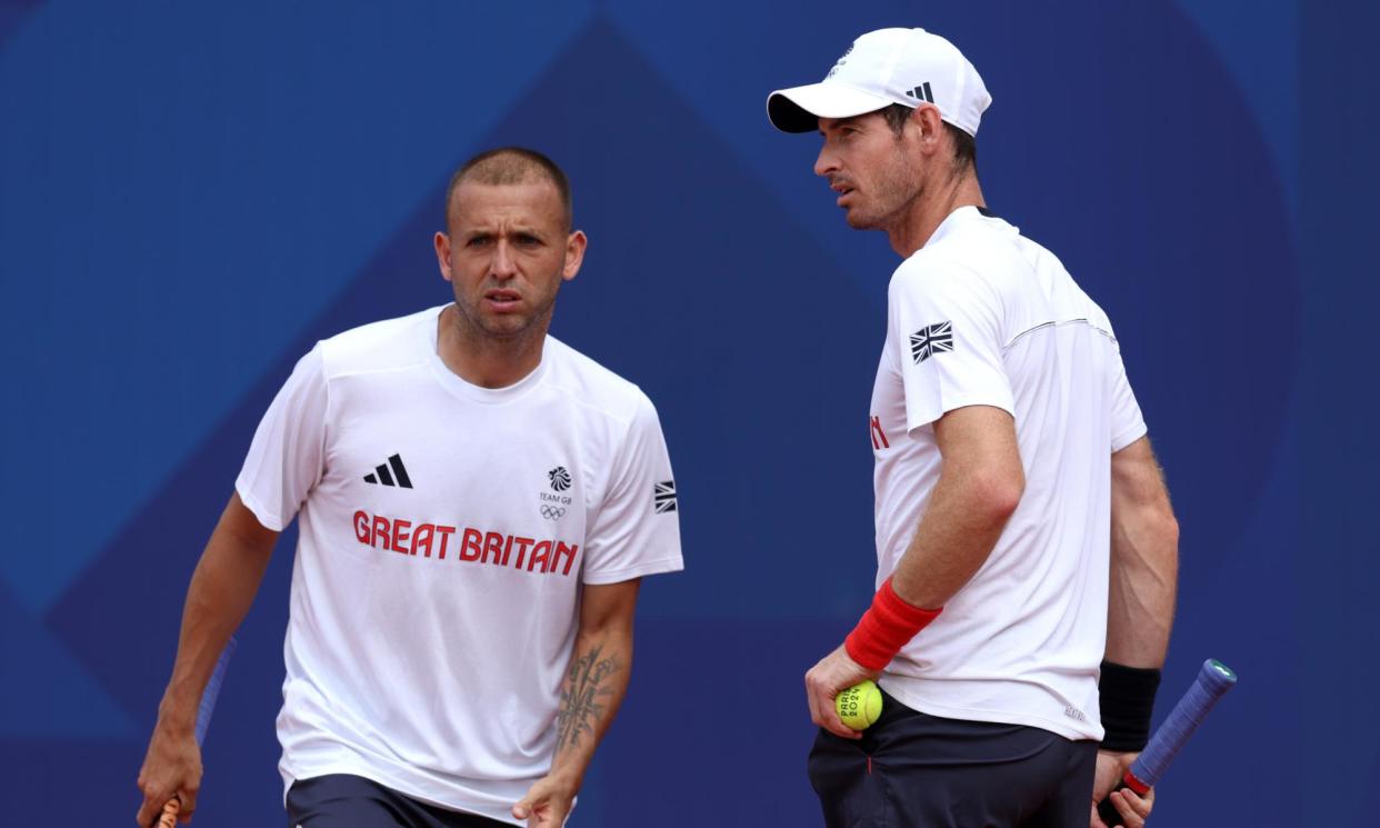 <span>Dan Evans and Andy Murray trained at Roland Garros on Wednesday when Murray said playing singles and doubles would be too great an ask for his body.</span><span>Photograph: Clive Brunskill/Getty Images</span>