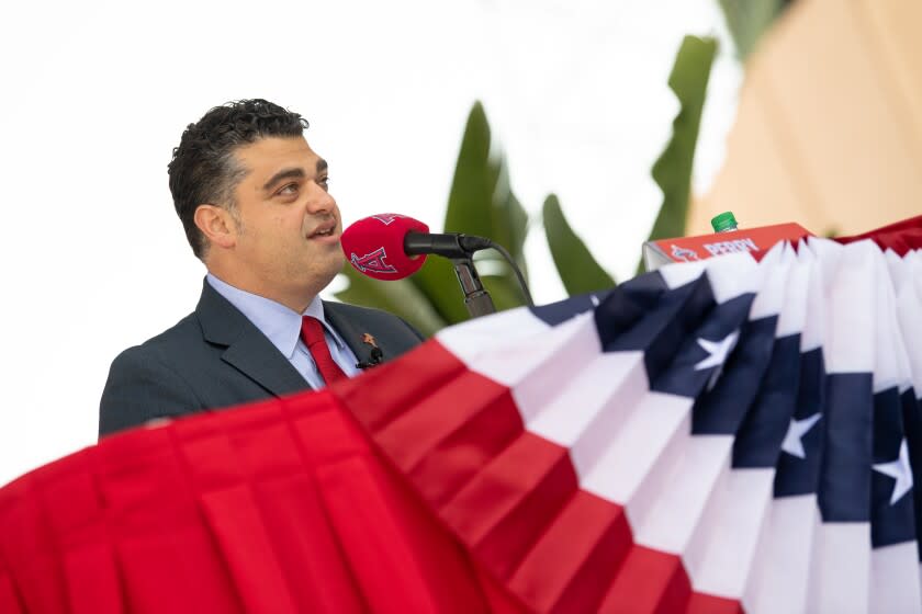 Angels general manager Perry Minasian speaks during his introductory news conference in November.