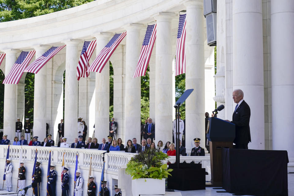 President Joe Biden speaks during the National Memorial Day Observance at the Memorial Amphitheater in Arlington National Cemetery, Monday, May 31, 2021, in Arlington, Va.(AP Photo/Alex Brandon)