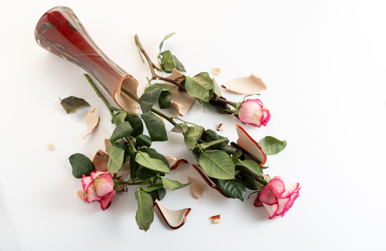 Broken roses in a broken vase. Broken flowers on the floor. Broken vase on the floor. Top.