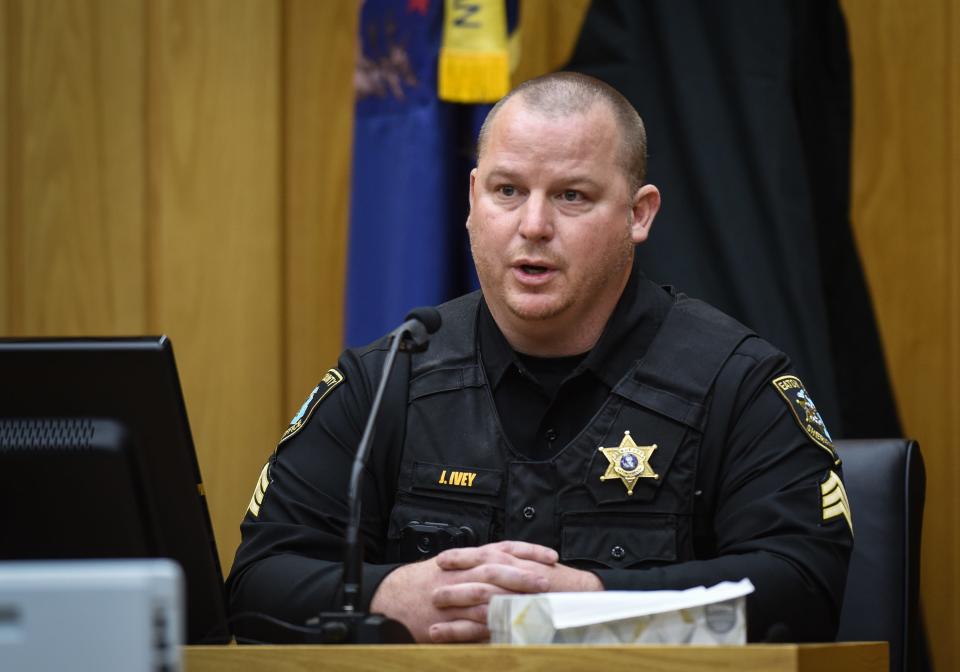 Sgt. Josh Ivey of the Eaton County Sheriff's Department testifies in Judge Janice Cunningham's courtroom in Eaton County, Friday, March 29, 2024, during the trial of Beverly McCallum.