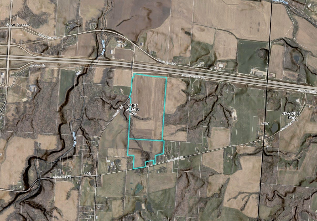 The Southwest Licking Water and Sewer District recently purchased about 100 acres, most of which is outlined in in blue-green on this map, with plans to build water- and sewage-treatment plants on the site. The purchased happened in 2023, and the district’s announcement about its plans raised concerns in St. Albans and Granville townships.