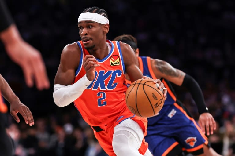 La star canadienne du Thunder d'Oklahoma, Shai Gilgeous-Alexander, lors d'un match de saison régulière face aux Knicks, le 31 mars 2024 à New York (Dustin Satloff)