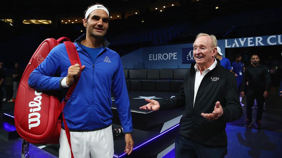 Tennis legends Roger Federer and Rod Laver. Pic: Getty