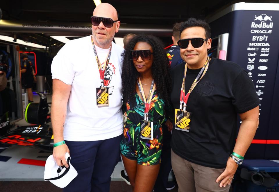 Tom Kerridge, Beverley Knight and Paul Ainsworth pose for a photo outside the Red Bull Racing garage prior to the F1 Grand Prix of Monaco at Circuit de Monaco on May 28, 2023 (Getty Images)