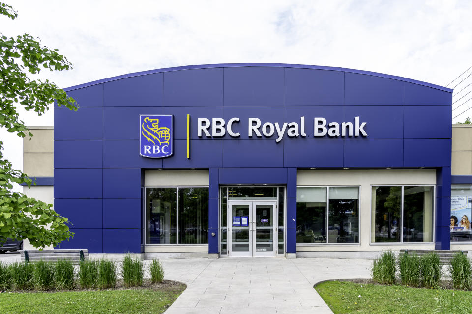 Toronto, Canada - June 16, 2019: One of RBC (Royal Bank of Canada) in Toronto, Canada. RBC is a Canadian multinational financial services.