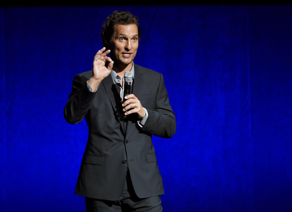 FILE - Matthew McConaughey, a cast member in the upcoming film "White Boy Rick," addresses the audience during the Sony Pictures Entertainment presentation at CinemaCon on April 23, 2018, in Las Vegas. McConaughey turns 51 on Nov. 4. (Photo by Chris Pizzello/Invision/AP, File) ORG XMIT: CAPM105